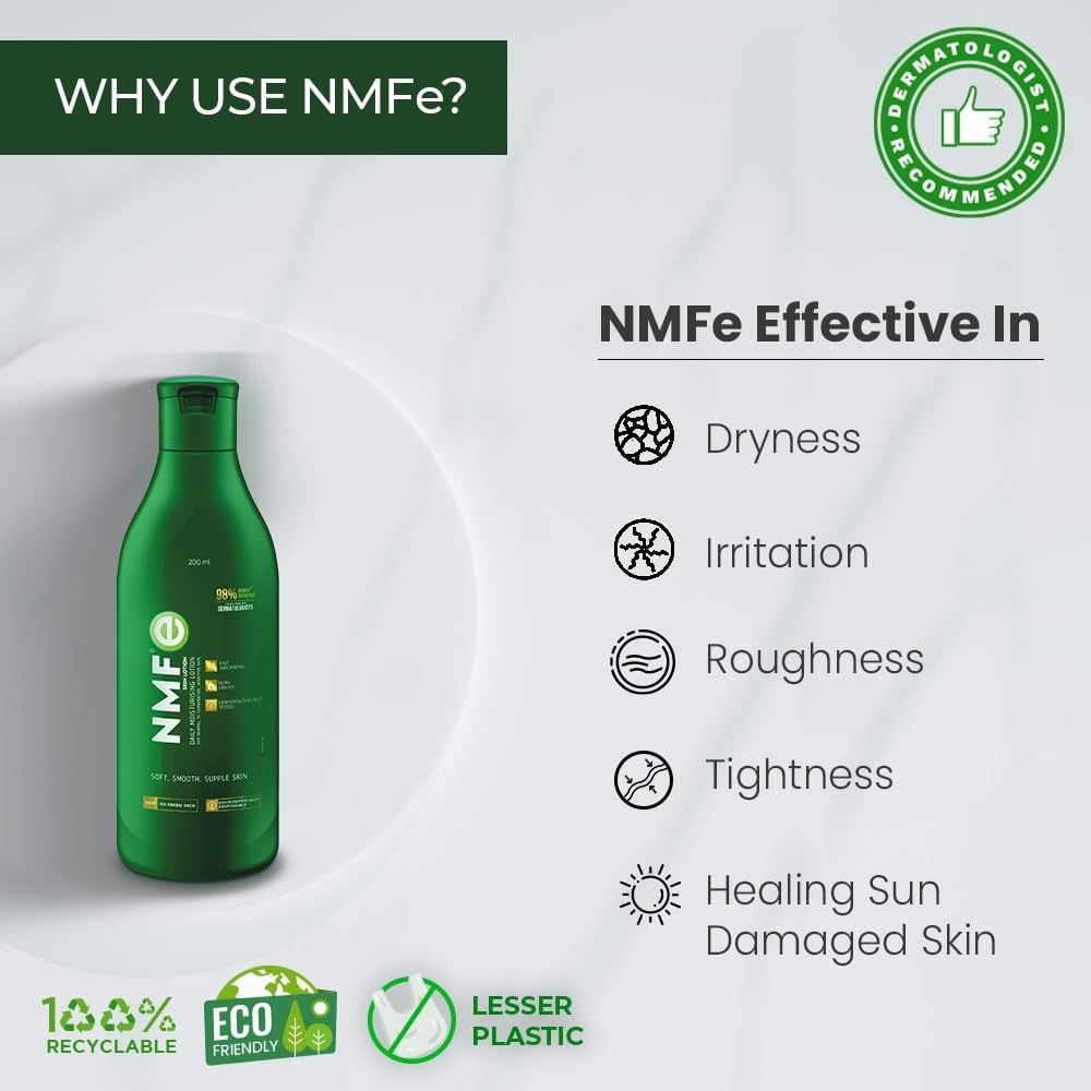 NMFe Skin Lotion 200ml | Daily Moisturising lotion | For all Skin type | Aloe vera & Vitamin E | Dermatologically Tested | Quick Absorbing, Non Greasy and Easily Spreadable