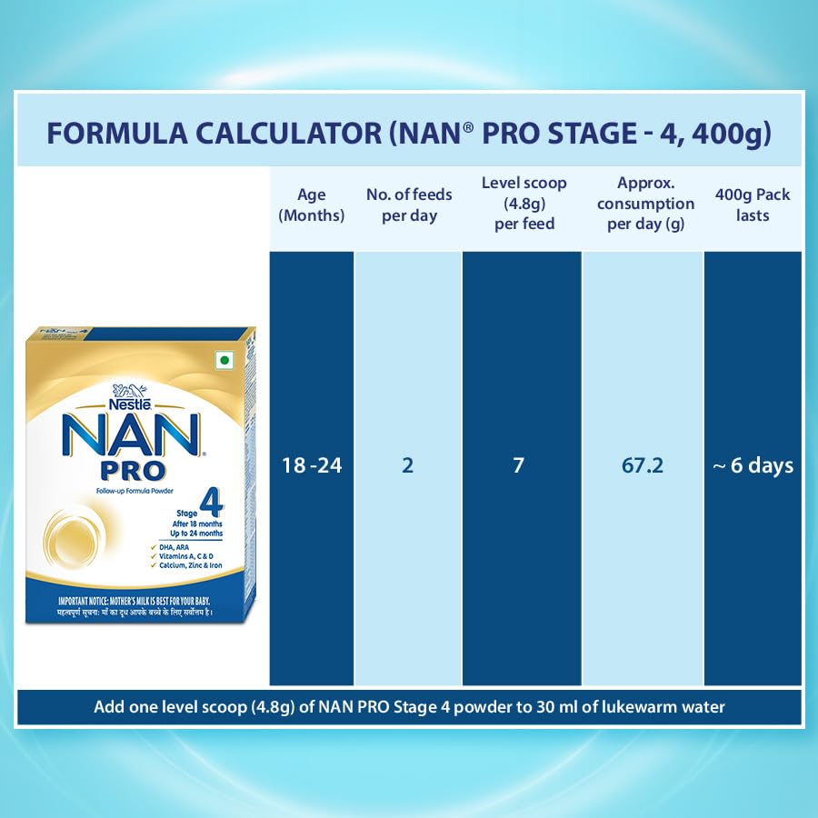 Nestlé NAN PRO 4 Follow-Up Formula Powder After 18 months, Up to 24 months, Stage 4, 400g Pouch in Box