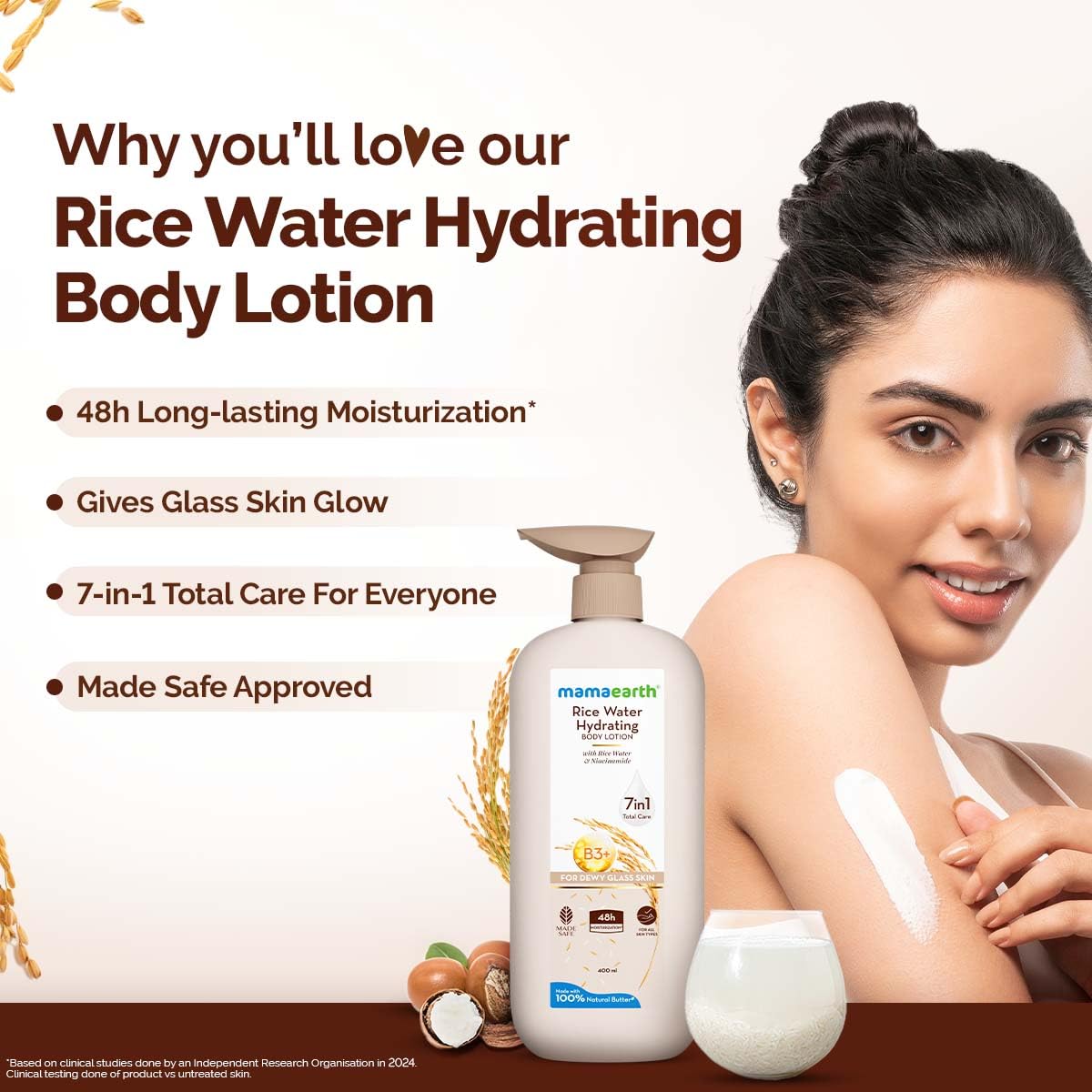 Mamaearth Rice Water Hydrating Body Lotion with Rice Water & Niacinamide for Dewy Glass Skin | 48 Hrs Moisturizating & Nourishing | For Dry Skin | 7 in1 Total Care | 100% Natural Butter | Non Greasy Smooth Skin | 400 ml