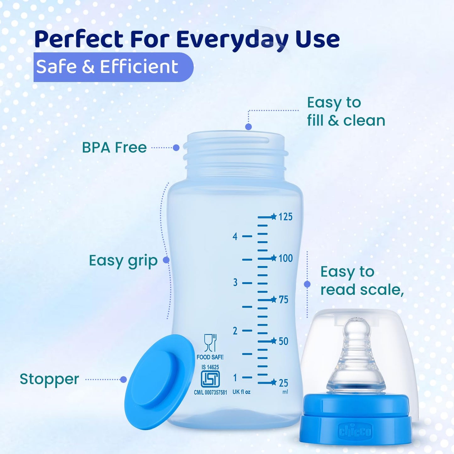 Chicco Feed Easy Milk Feeding Plastic Bottle for Babies & Toddlers, BPA-Free, Slow Flow, 0m+ (125ml)
