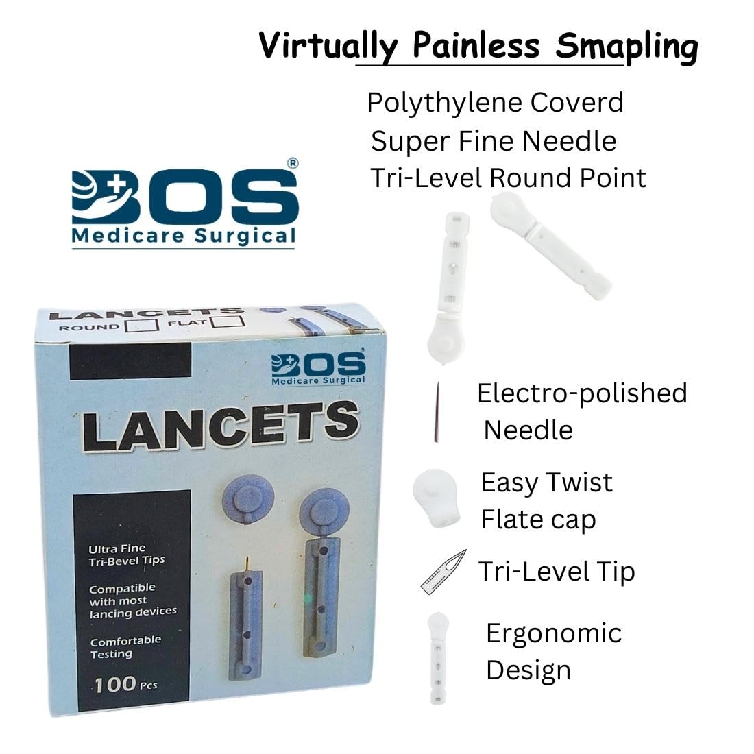 Blood Lancets 100 Pcs | Universal Fit Sterile Lancet Needles for Glucometer Lancing Device | Round Tip Painless Diabetic Testing Lancets (White)