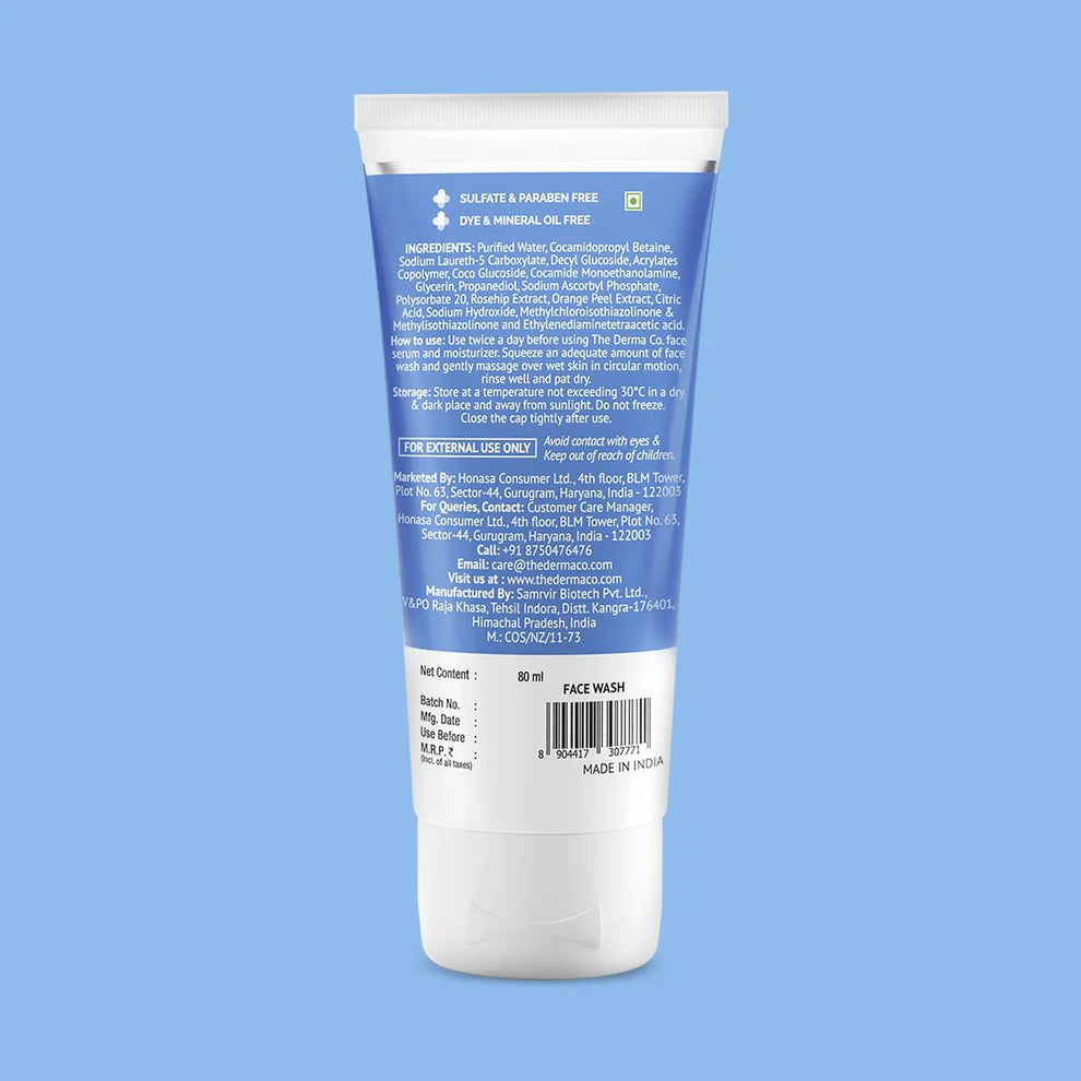DERMA CO 2% Vitamin C Gel Daily Face Wash with Vitamin C, Rosehip & Orange Peel Extract for Glowing Skin - 80ml