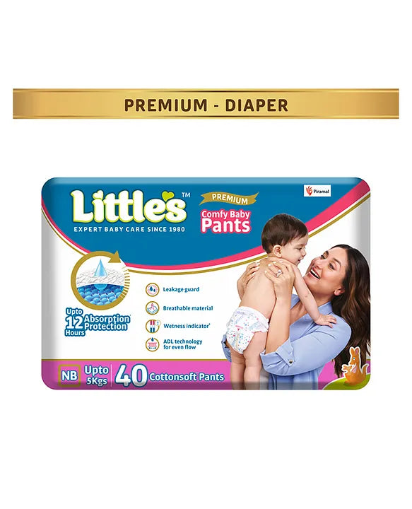 Little's Premium New Born Baby Diaper Pants Style (NB) | Upto 5 kg | 40 Count - Pack of 1 |