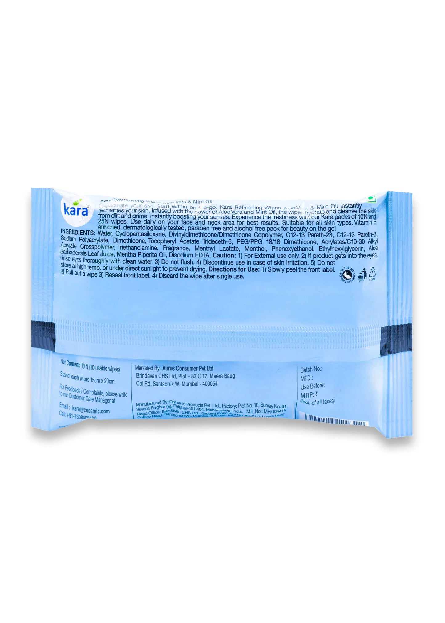 Kara Refreshing Facial Wipes Aloe Vera & Mint (10 Pieces)