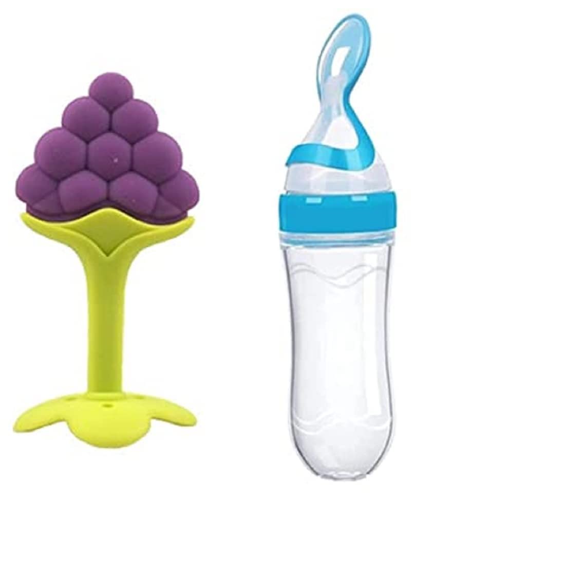BabyGo Silicone Squeeze Feeder & Food Dispensing Spoon Combo | Easy Grip Infant Feeding Bottle with Fruit Pacifier Nibbler & Baby Teether Chew Toy