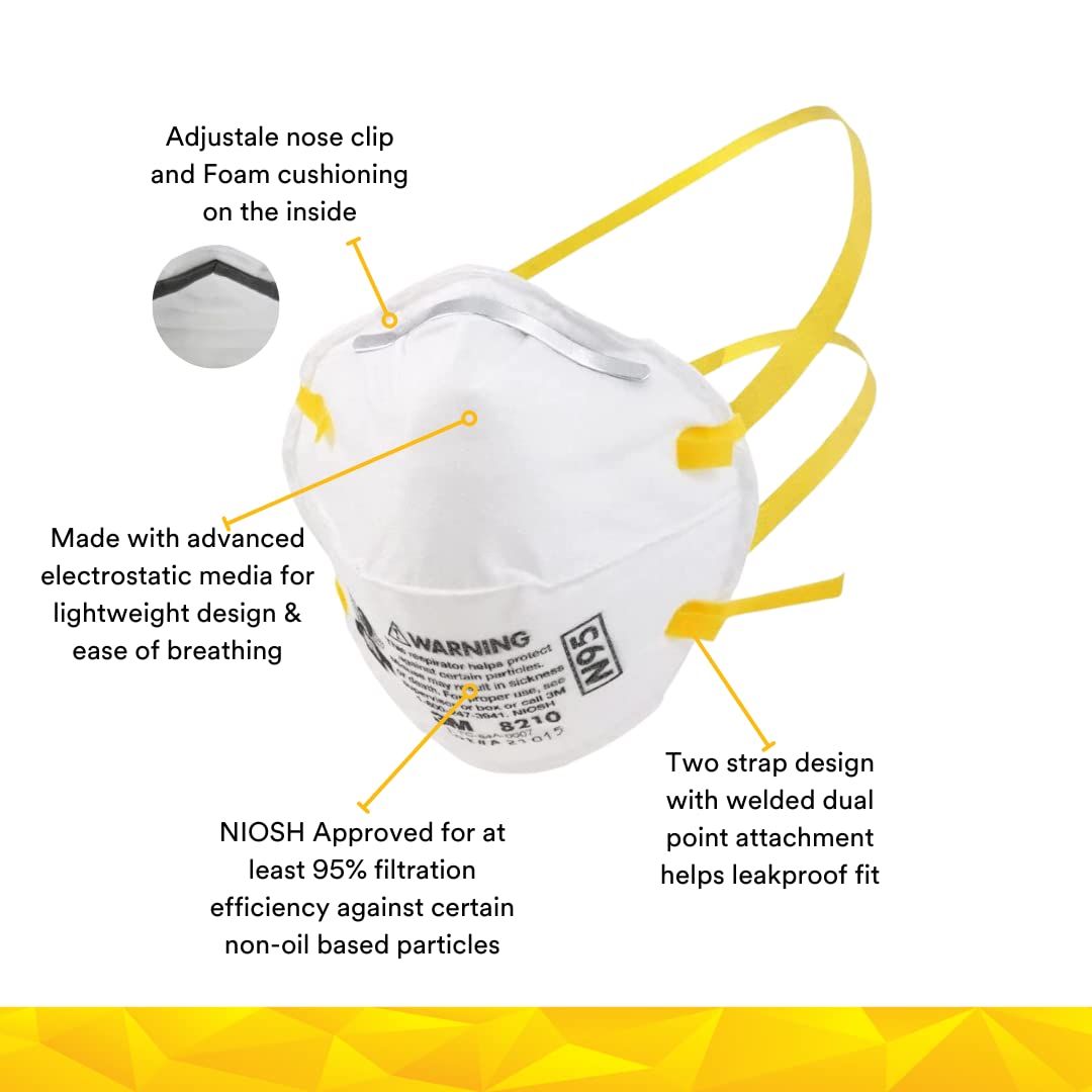 3M 8210 Disposable Respirator N95 Face Mask, Non Woven Fabric, Metal Nose Clip and Elastic Headband, NIOSH Approved, Particulate Anti Air Pollution Respirator