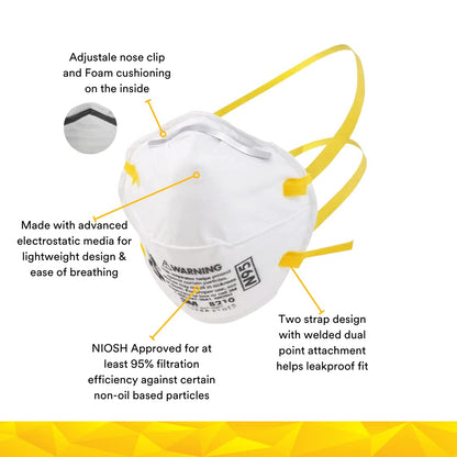 3M 8210 Disposable Respirator N95 Face Mask, Non Woven Fabric, Metal Nose Clip and Elastic Headband, NIOSH Approved, Particulate Anti Air Pollution Respirator