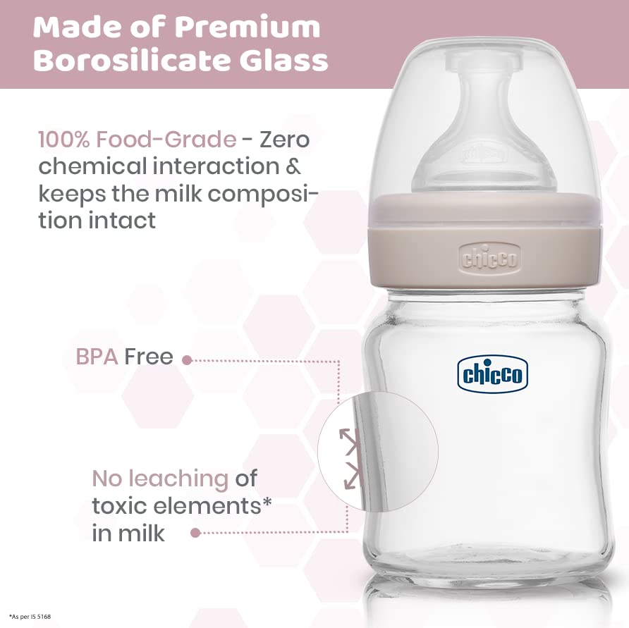 Chicco Well-Being Glass Feeding Bottle (120ml, Slow Flow) Neutral