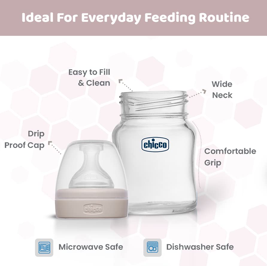 Chicco Well-Being Glass Feeding Bottle (120ml, Slow Flow) Neutral