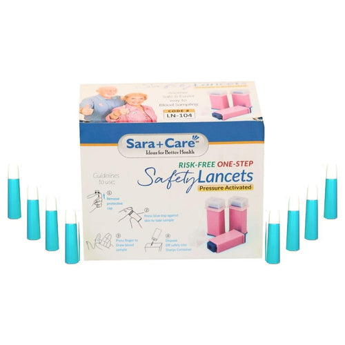 Sara+Care Sterile Safety Lancets – 100 Count | Single-Use, Pressure-Activated Lancets for Glucometer | Disposable & Painless Blood Sampling