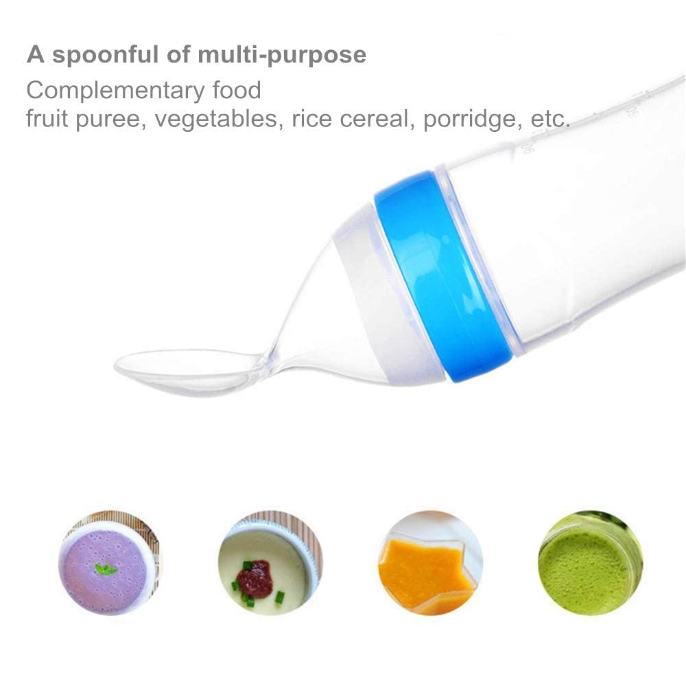 BabyGo Silicone Squeeze Feeder & Food Dispensing Spoon Combo | Easy Grip Infant Feeding Bottle with Fruit Pacifier Nibbler & Baby Teether Chew Toy