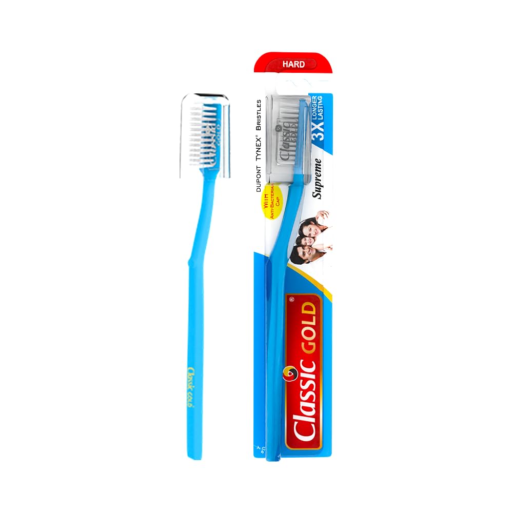 Classic Gold Supreme Manual Toothbrush for Adults | With Hard Dupont Tynex Bristles for Healthy Gums and Anti Bacterial Cover Cap | Pack of 12 Pieces