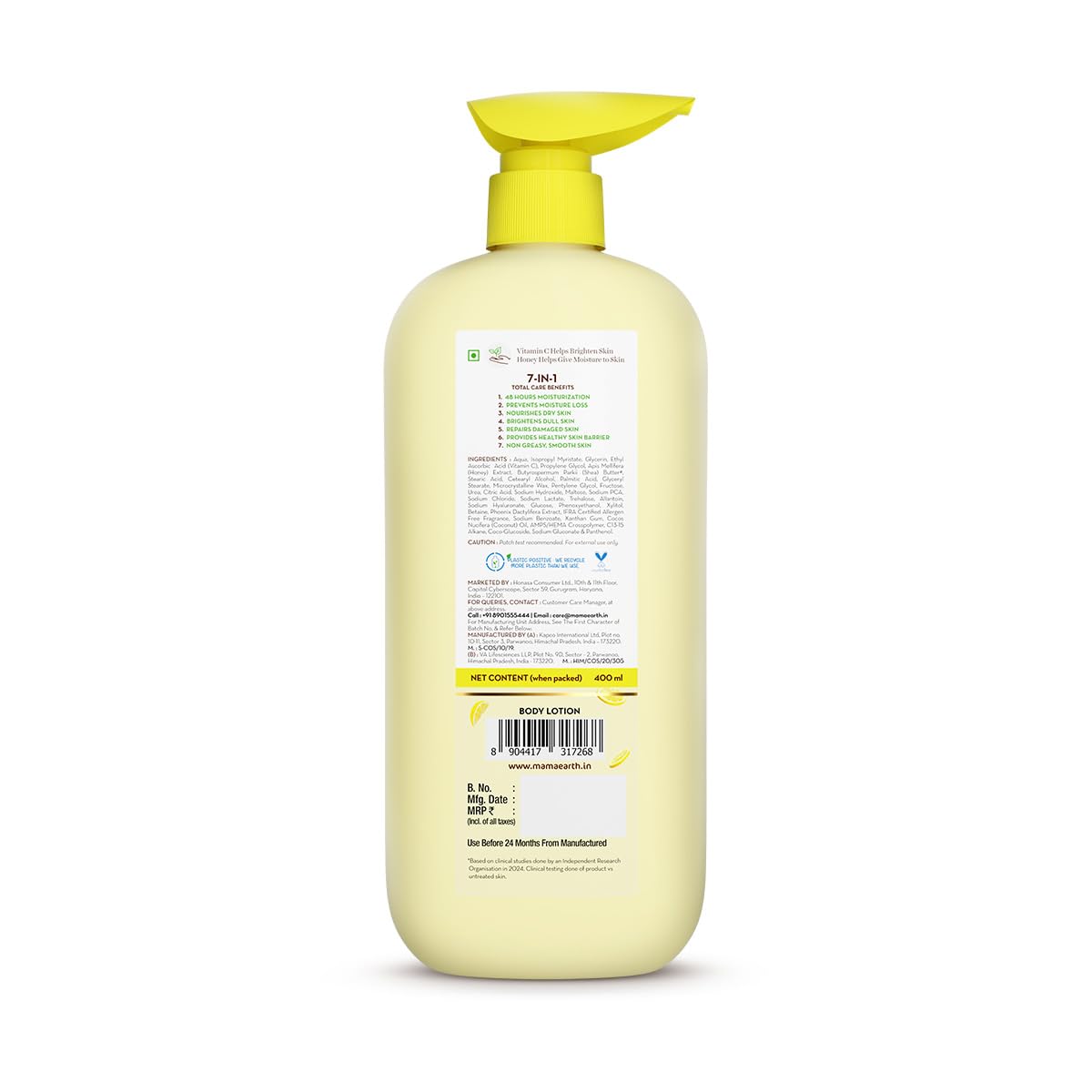 Mamaearth Vitamin C Daily Glow Body Lotion For Skin Brightening with Vitamin C & Honey 400ml|Nourishes Dry Skin|48 H Moisturization| 100% Natural Butter | Non-Greasy Smooth Skin | For All Skin Types
