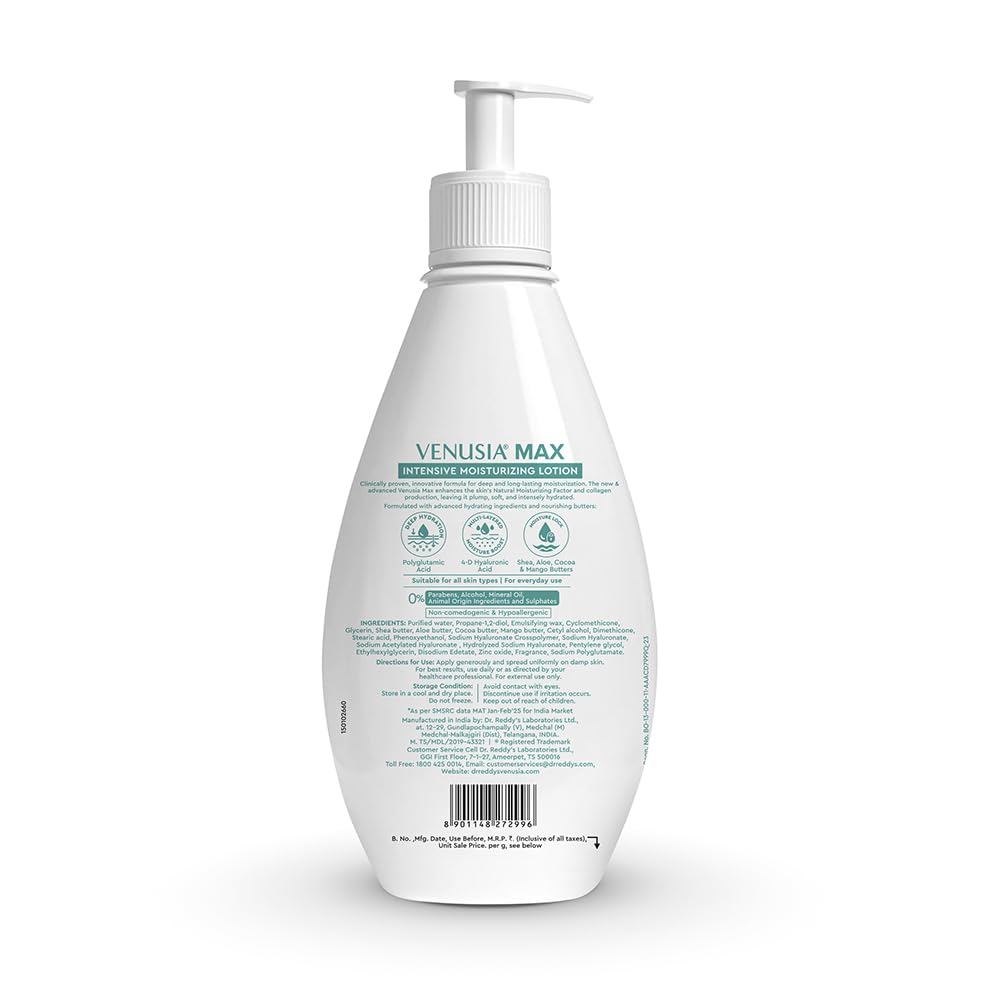 Dr. Reddy's Venusia Max Intensive Moisturizing Lotion |For Face & Body | Moisture Lock with Shea, Cocoa, Mango, and Aloe Butter |No.1 Dermatologist Recommended Brand | Normal to Dry Skin | 500 g