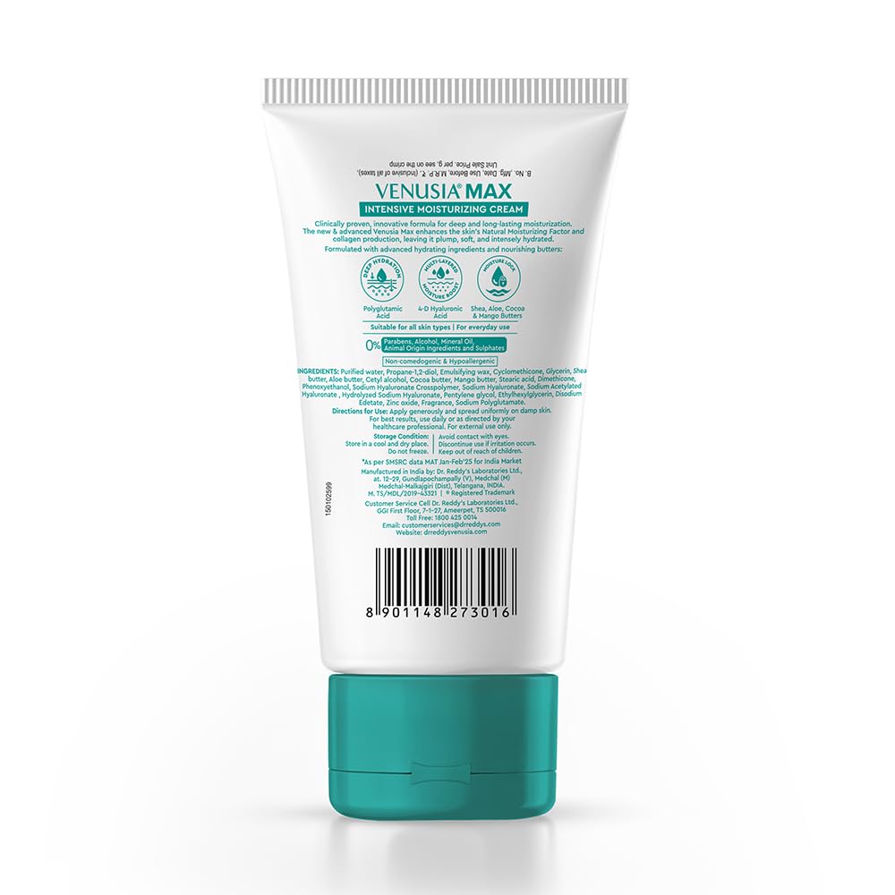 Dr. Reddy's Venusia Max Intensive Moisturizing Cream | Enriched with 4D Hyaluronic Acid & Polyglutamic Acid |For Face & Body | Dry to Very Dry Skin | 150 g