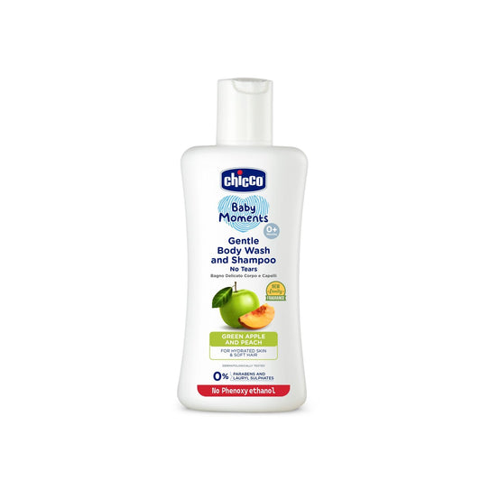Chicco Baby Moments Gentle Bodywash & Shampoo with Green Apple & Peach, 100ml | Head-to-Toe | No Tears Formula | Hydrated Skin & Hair | Dermatologically Tested | Parabens & Phenoxyethanol Free