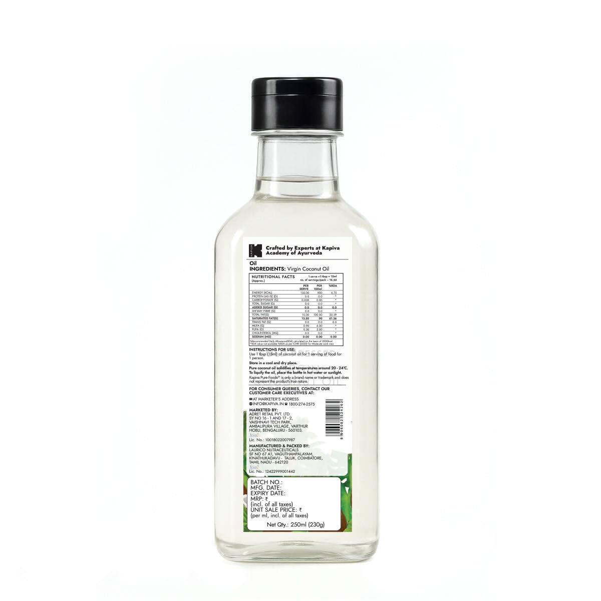 Kapiva Virgin Cold-Pressed Coconut Oil 250ml | 100% Pure, Unrefined, Organic & Edible | For Cooking, Skin & Baby Care, Oil Pulling | Coconut Oil For Hair | Keto Friendly