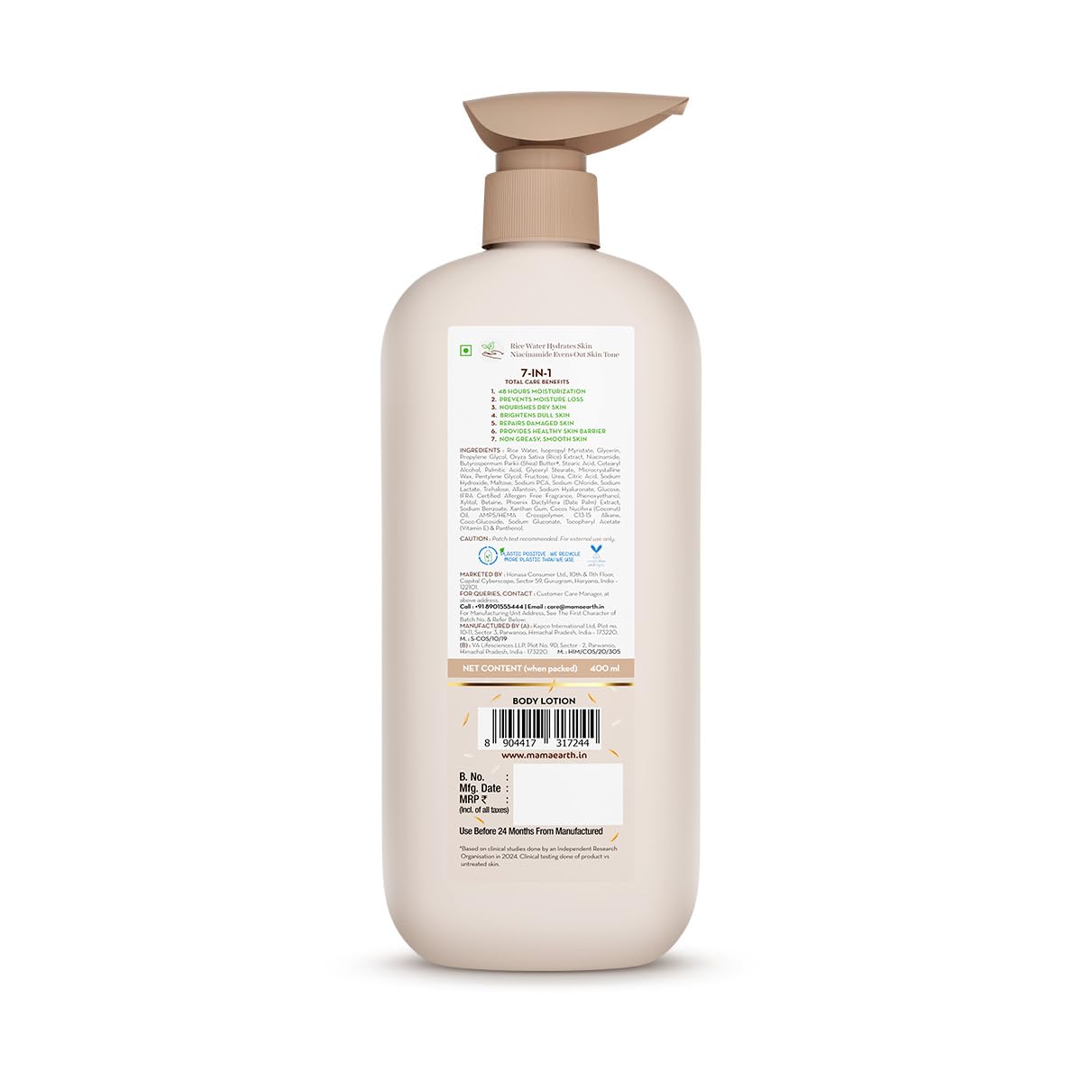 Mamaearth Rice Water Hydrating Body Lotion with Rice Water & Niacinamide for Dewy Glass Skin | 48 Hrs Moisturizating & Nourishing | For Dry Skin | 7 in1 Total Care | 100% Natural Butter | Non Greasy Smooth Skin | 400 ml