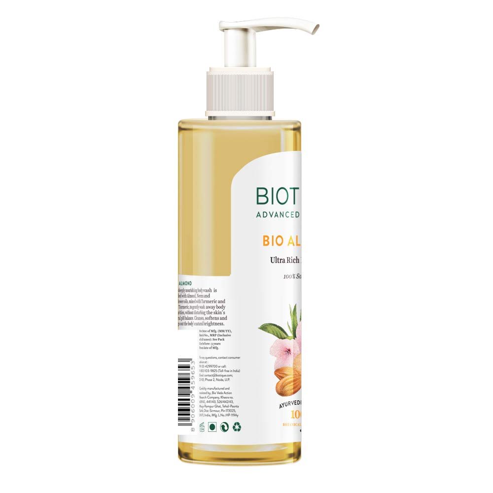 Biotique Almond Oil Ultra Rich Body Wash| Maintains Skin’s Natural pH | Soap-Free Body Wash Suitable for All Skin Types | 200mL
