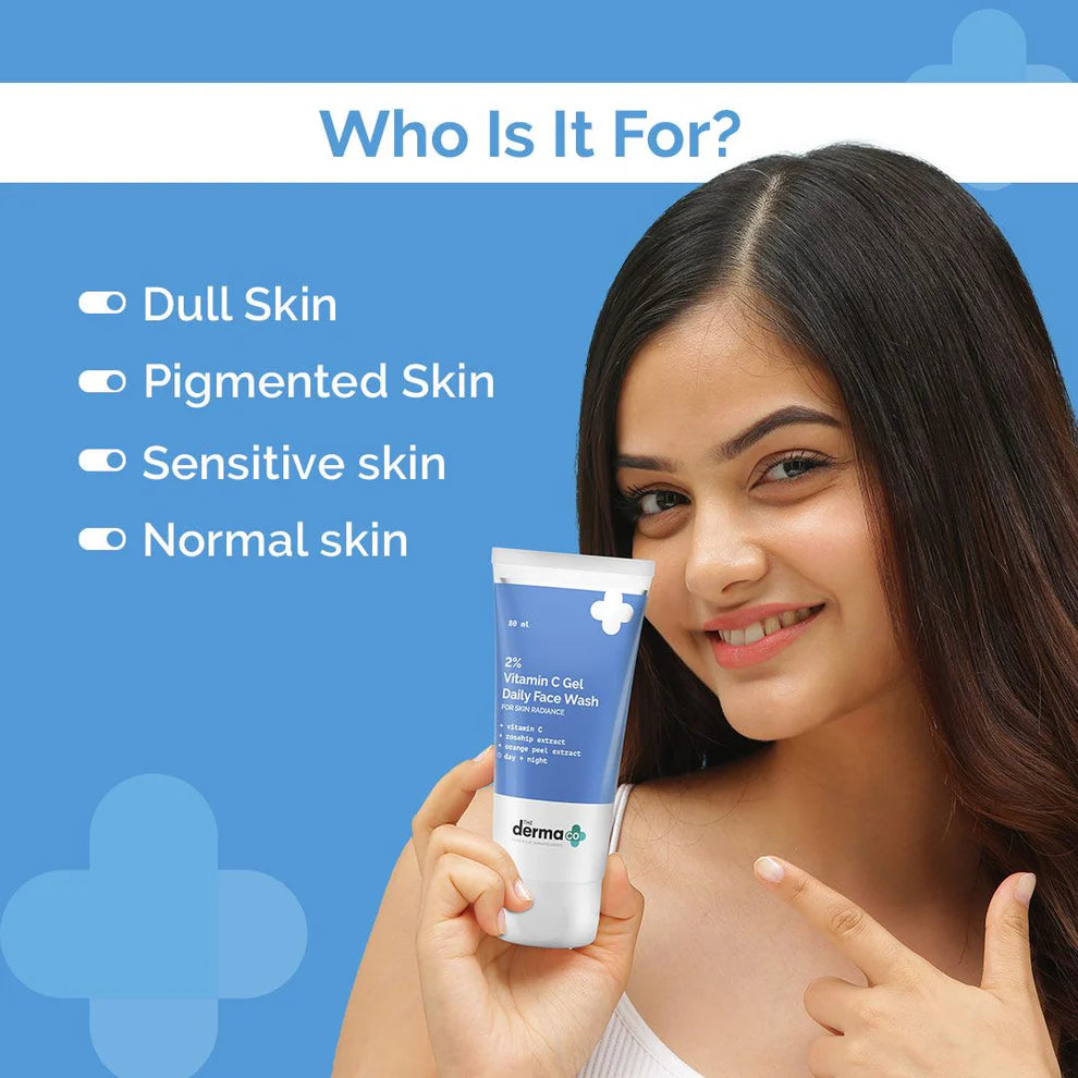 DERMA CO  2% Vitamin C Gel Daily Face Wash with Vitamin C, Rosehip & Orange Peel Extract for Glowing Skin - 80ml