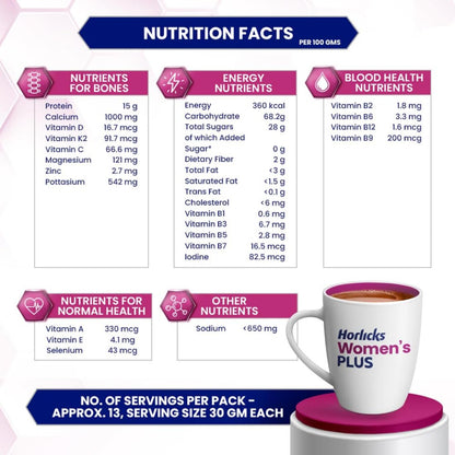 Horlicks Women's Plus Chocolate Nutrition Drink 400 g Jar, Nutrition for strong Bones with 100% daily Calcium & Vitamin D - No Added Sugar