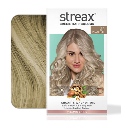 Streax Permanent Hair Colour, 100% Grey coverage, Infused with Argan and Walnut Oil, Long Lasting Cream Hair Colour for Women, Ash Hair Color, 9.1 Rich Platinum, 120 ml