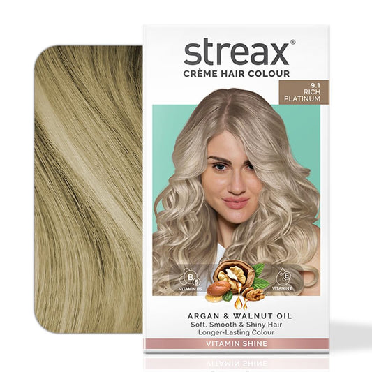 Streax Permanent Hair Colour, 100% Grey coverage, Infused with Argan and Walnut Oil, Long Lasting Cream Hair Colour for Women, Ash Hair Color, 9.1 Rich Platinum, 120 ml
