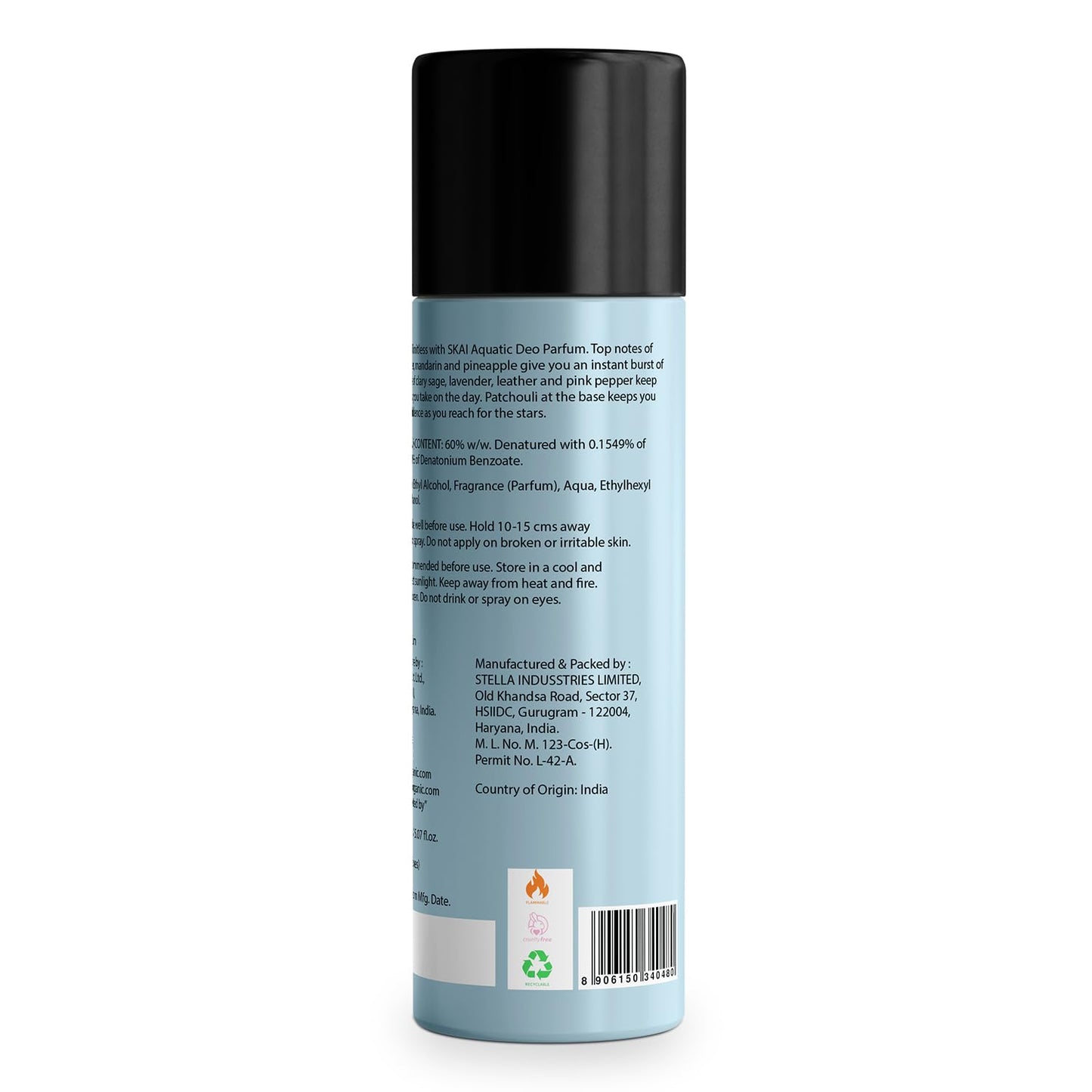 Bella Vita Luxury SKAI Aquatic Body Parfum 150ml | No Gas Deodorant for Men & Women | Deodorants Man | Long Lasting Fresh & Musky Fragrance with Bergamot, Pineapple & Lavender Notes