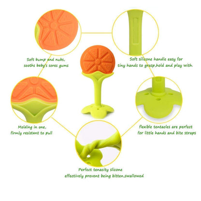 BabyGo Silicone Squeeze Feeder & Food Dispensing Spoon Combo | Easy Grip Infant Feeding Bottle with Fruit Pacifier Nibbler & Baby Teether Chew Toy