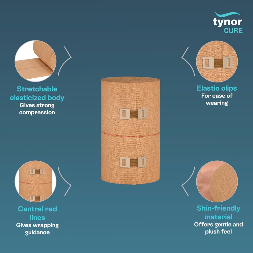 Tynor Tynocrepe, Cotton Bandage | Elastic Crepe Bandage for Compression, Support & Injury Care | Garam Patti for Hand, Knee, Leg & Wrist | 1 Unit (Beige, 8cm x 4m)