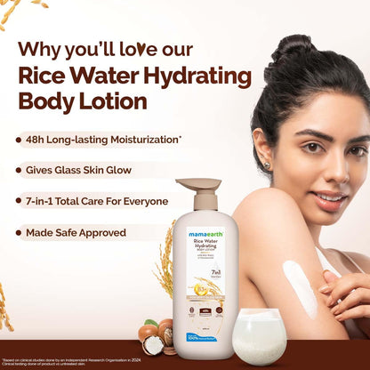 Mamaearth Rice Water Hydrating Body Lotion with Rice Water & Niacinamide for Dewy Glass Skin | 48 Hrs Moisturizating & Nourishing | For Dry Skin | 7 in1 Total Care | 100% Natural Butter | Non Greasy Smooth Skin | 400 ml