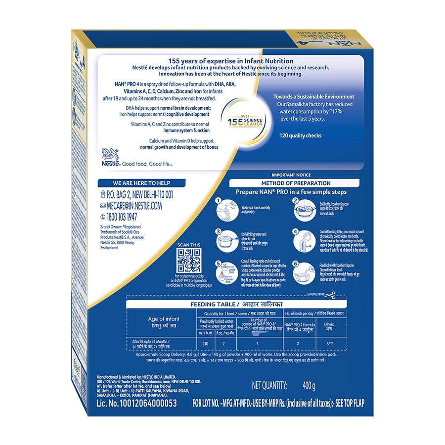 Nestlé NAN PRO 4 Follow-Up Formula Powder After 18 months, Up to 24 months, Stage 4, 400g Pouch in Box