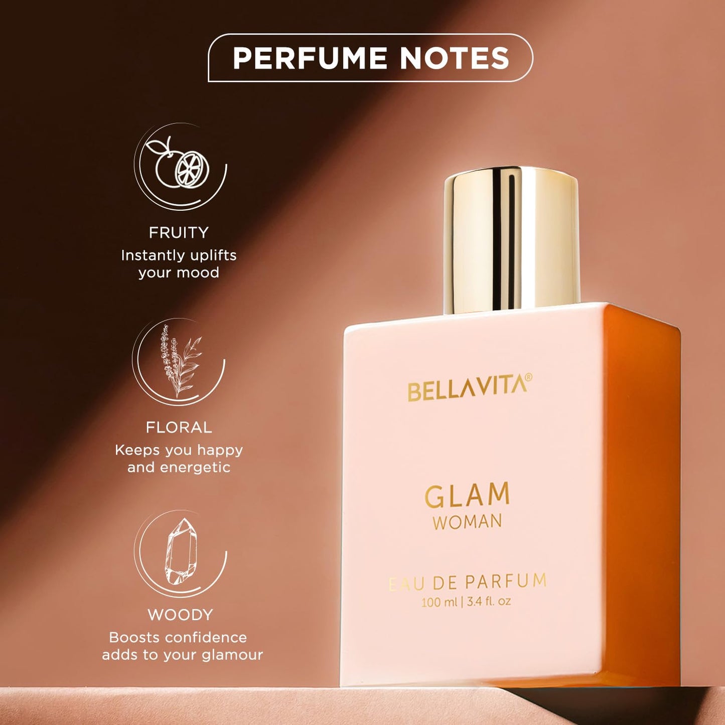 Bella Vita Luxury GLAM | Long Lasting Perfume for Woman | EDP 100ml | African Orange, Jasmine & Patchouli | Floral, Fruity, Woody Premium Fragrance for Women