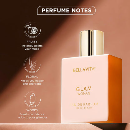 Bella Vita Luxury GLAM | Long Lasting Perfume for Woman | EDP 100ml | African Orange, Jasmine & Patchouli | Floral, Fruity, Woody Premium Fragrance for Women