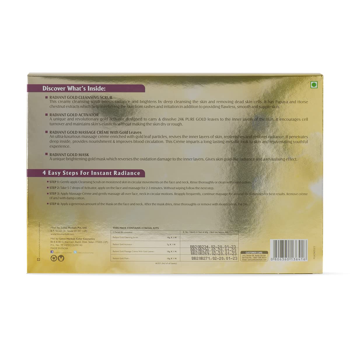 Lotus Herbals Radiant Gold Cellular Glow 1 Facial Kit |