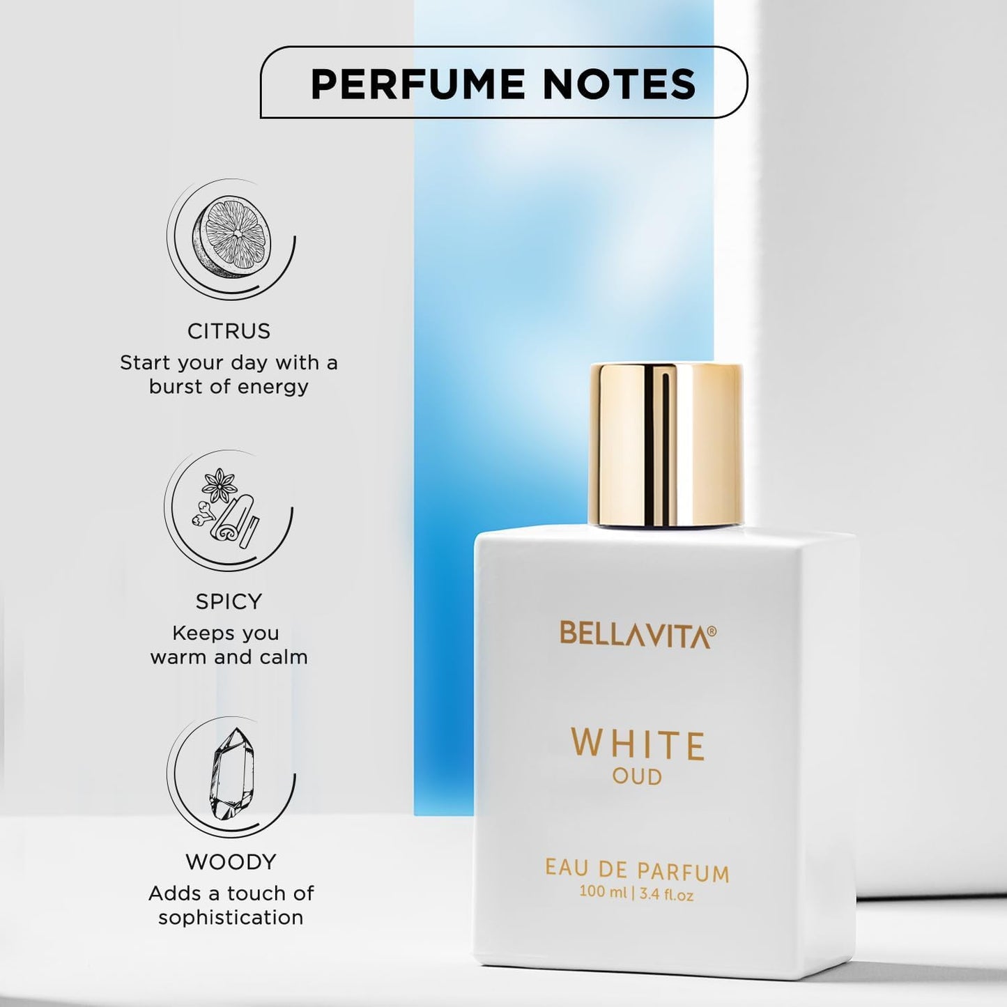 BELLAVITA White Oud Unisex | Long Lasting | Perfume for Man & Perfume for Woman | EDP 100ml | Orange, Patchouli, Musk | Oud, Citrus & Spicy Premium Fragrance