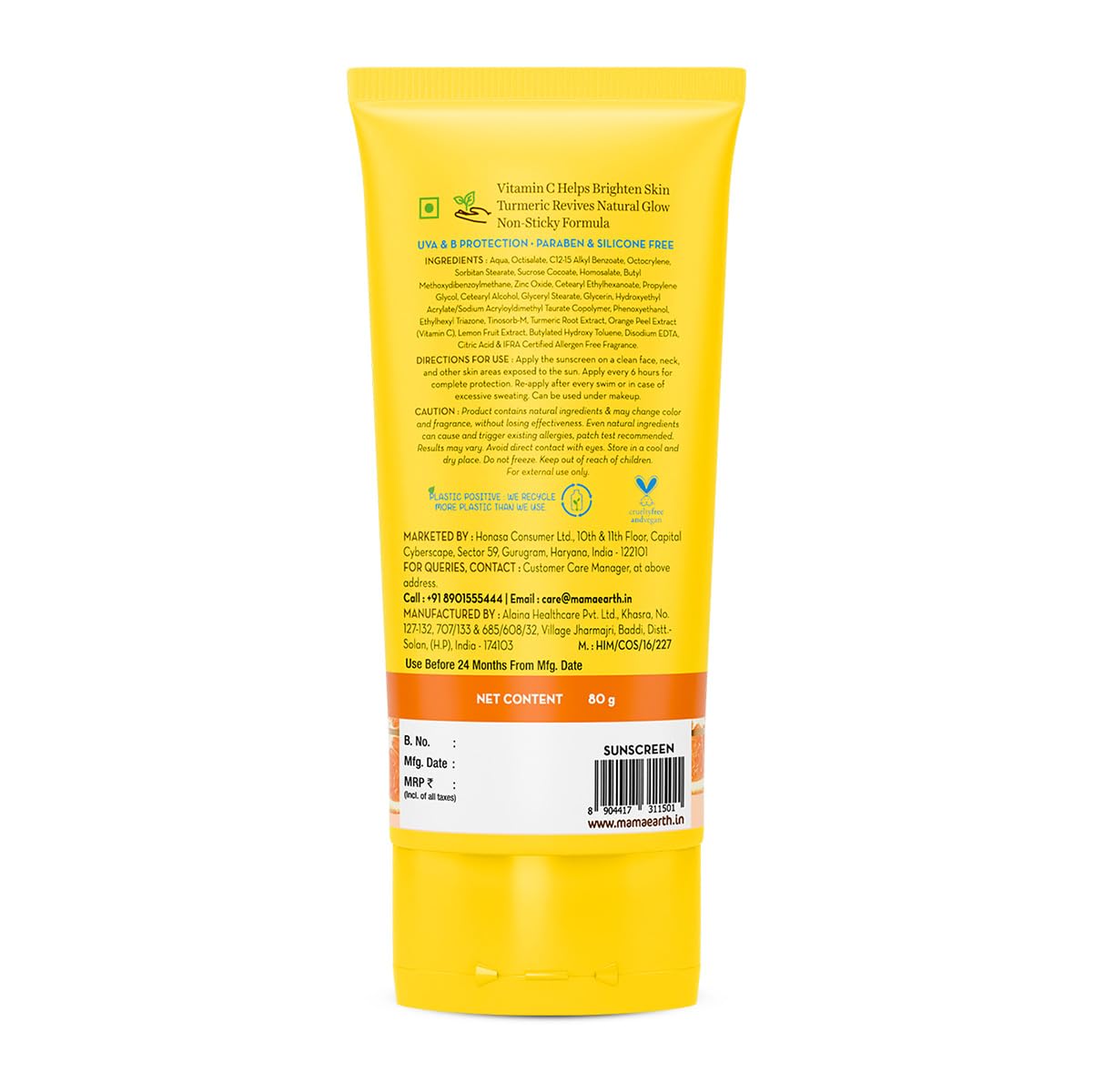 Mamaearth Vitamin C Daily Glow Sunscreen with Vitamin C & Turmeric | For Sun Protection, Tan Protection & Glow | SPF 50 & PA++++ Protection | No White Cast | Lightweight & Non-Sticky | Brightens Skin | In-Vivo Tested | For All Skin Types | 80 g