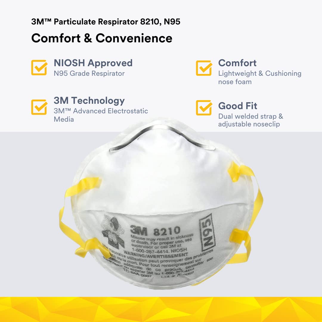 3M 8210 Disposable Respirator N95 Face Mask, Non Woven Fabric, Metal Nose Clip and Elastic Headband, NIOSH Approved, Particulate Anti Air Pollution Respirator