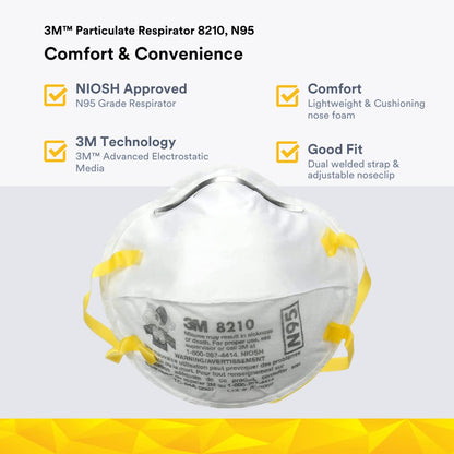 3M 8210 Disposable Respirator N95 Face Mask, Non Woven Fabric, Metal Nose Clip and Elastic Headband, NIOSH Approved, Particulate Anti Air Pollution Respirator