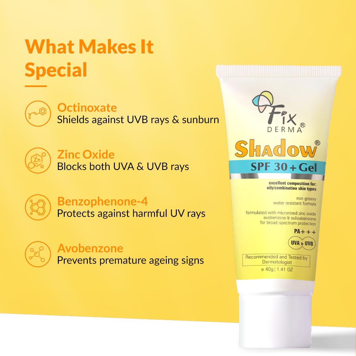 Fixderma Shadow Sunscreen SPF 30+ Pa+++ Gel For Oily Skin | Lightweight, Water Resistant, No White Cast | Broad Spectrum Sunscreen Gel For UVA & UVB Protection | Women & Men | 40gm