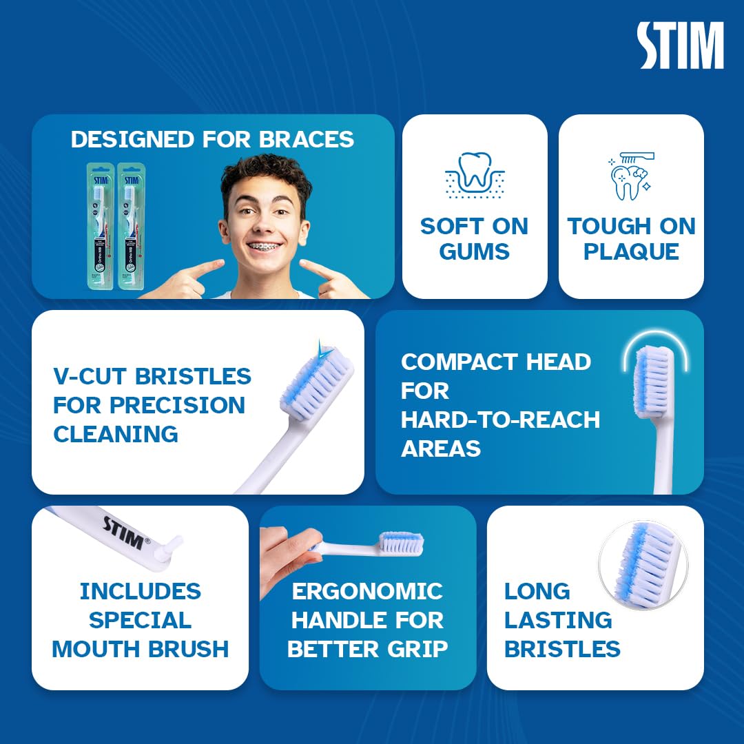 STIM Ortho MB Toothbrush For Braces, Super Soft Bristles For Adults