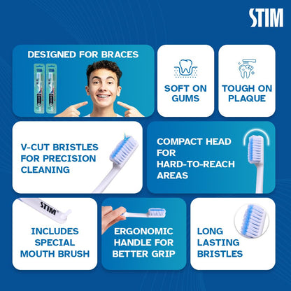 STIM Ortho MB Toothbrush For Braces, Super Soft Bristles For Adults