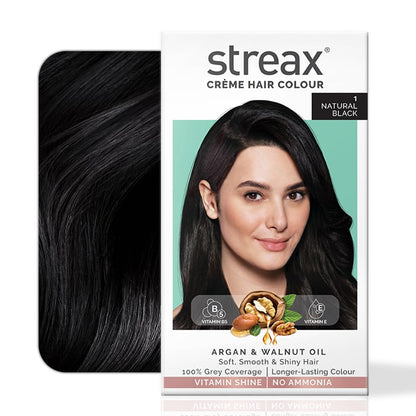 Streax Crème Permanent - 1 Natural Black Hair Colour- 140 Ml, 100% Grey Coverage, Ammonia Free, Long Lasting For Women