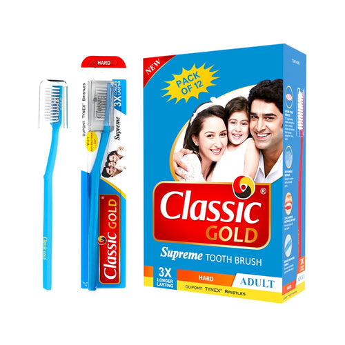 Classic Gold Supreme Manual Toothbrush for Adults | With Hard Dupont Tynex Bristles for Healthy Gums and Anti Bacterial Cover Cap | Pack of 12 Pieces