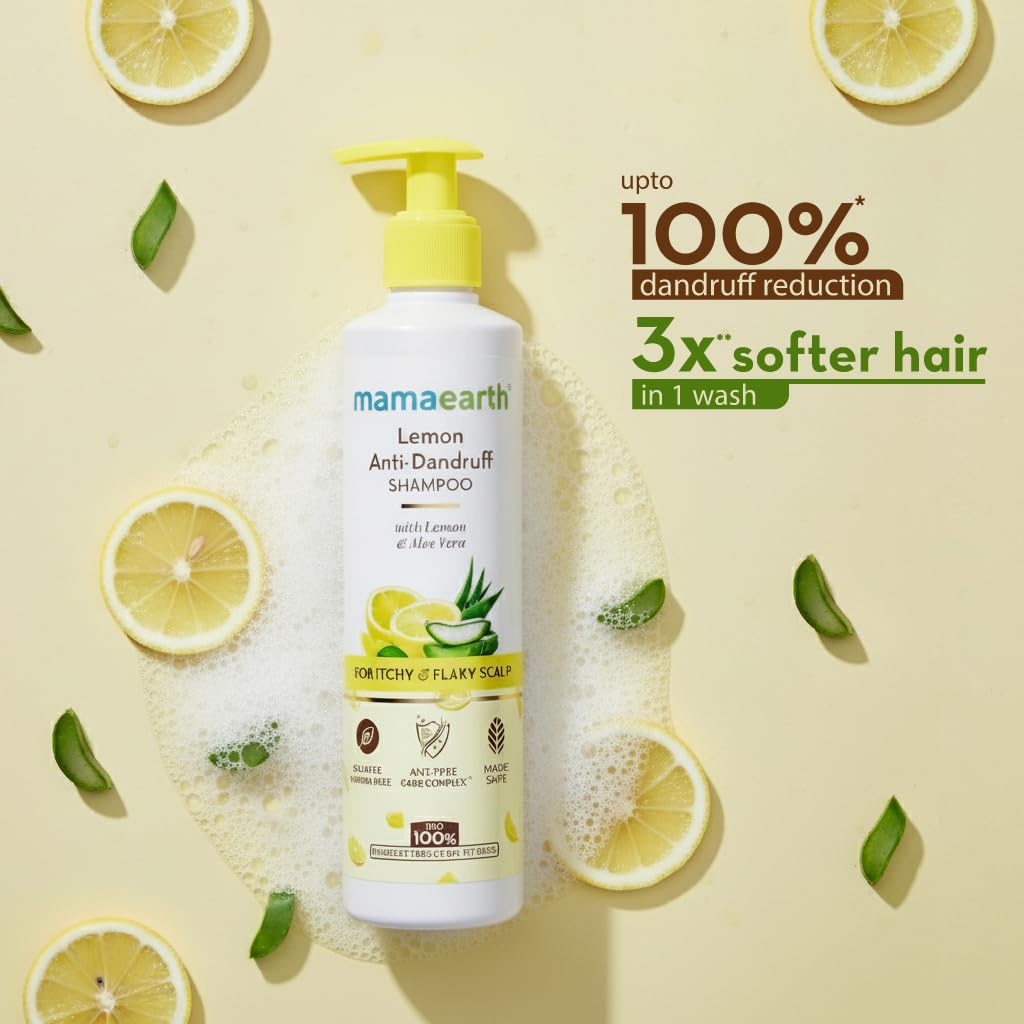 Mamaearth Lemon Anti-Dandruff Shampoo with Lemon, ZPTO, Climbazole, Aloe Vera for Itchy & Flaky Scalp | Upto 100% Dandruff Reduction & 3X Softer Hair in 1 Wash | Soothes Scalp | Reduces Frizz | 250 ml