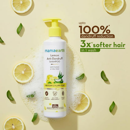 Mamaearth Lemon Anti-Dandruff Shampoo with Lemon, ZPTO, Climbazole, Aloe Vera for Itchy & Flaky Scalp | Upto 100% Dandruff Reduction & 3X Softer Hair in 1 Wash | Soothes Scalp | Reduces Frizz | 250 ml