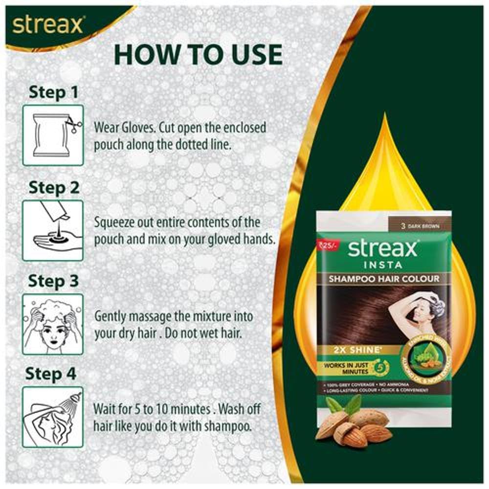 Streax Insta Shampoo Hair Colour, Dark Brown, 18 ml Pouch