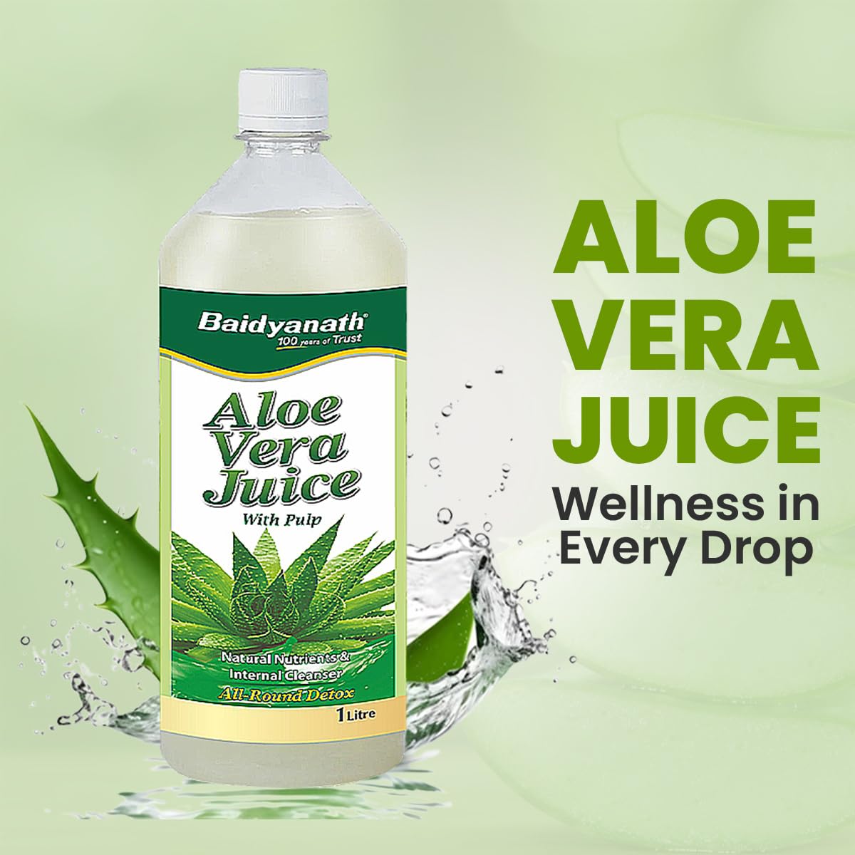 Baidyanath Aloe Vera Juice (with Pulp)- 1000ML | No Added Sugar | Source of Natural Nutrients, Boosts Immunity & Digestion