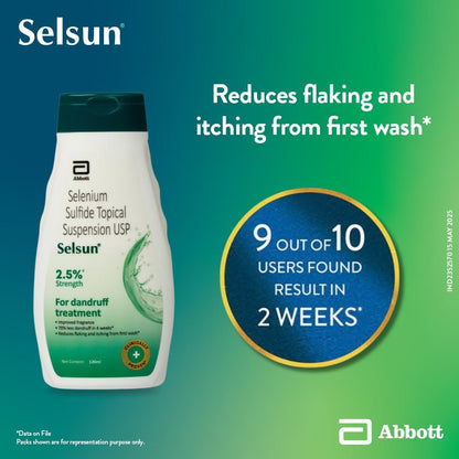 Selsun Abbott Suspension Anti Dandruff Shampoo for Men and Women, Clears Away Dandruff Flakes, Relieves From Excessive Oil, Relieves From Dandruff Related Itching- 120 ml