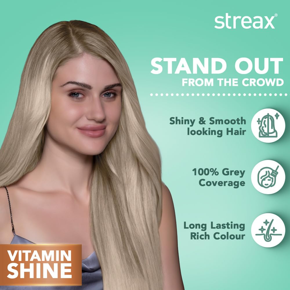 Streax Permanent Hair Colour, 100% Grey coverage, Infused with Argan and Walnut Oil, Long Lasting Cream Hair Colour for Women, Ash Hair Color, 9.1 Rich Platinum, 120 ml